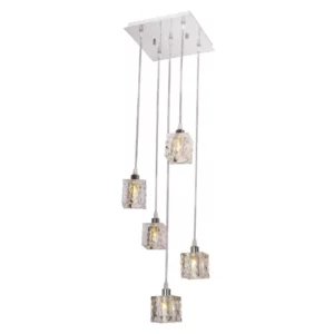 Pendente em Cristal e Aço 5 Lâmpada Bivolt Frost Cromo - Imagem 1