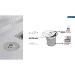 Lixeira de Embutir em Aço Inox com Balde Plástico Tramontina Clean Round 5l - Imagem 3