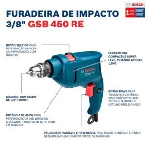 Furadeira de Impacto 450w 220v Gsb 450 Azul - Imagem 6