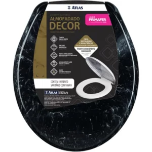 Assento Sanitário Plástico Almofadado, Tampa Efeito Mármore Preto, Linha Primafer, Atlas. - Imagem 1