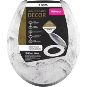 Assento Sanitário Plástico Almofadado, Tampa Efeito Mármore Branco, Linha Primafer, Atlas.