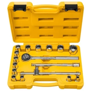 Jogo de Soquetes Estriados Encaixe 1/2 em Aço com Acabamento Cromado e Maleta 17 Peças - Imagem 1