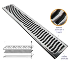 Grelha Retangular em Alumínio Martelada com Coletor e Tela Elegance 10x50cm Cromada - Imagem 3