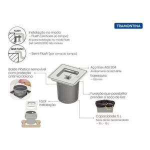 Lixeira de Embutir Tramontina Clean Square com Balde Plástico 5 L Aço Inox - Tramontina