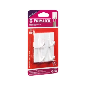 Gancho Plástico Adesivo de Fita Dupla-face. Peso Máximo 300g, Embalagem com 4 Ganchos. Cor Branco, Linha Primafer, Pincéis Atlas. - Imagem 3