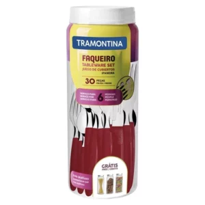Faqueiro Ipanema com Lâminas em Aço Inox Cabo Vermelho com Pote Plástico 30 Peças - Imagem 1