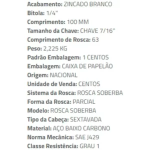 Parafuso Ciser Sextavado Rosca Soberba 1/4 X  100 28017401 - Imagem 3