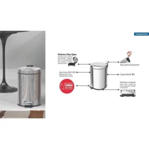 Lixeira Inox com Pedal e Balde Interno Removível Tramontina Brasil 3 L - Imagem 3