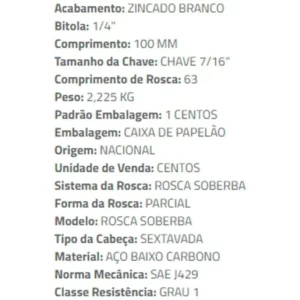 Parafuso Sext Rosca 1/4x100  148 - Imagem 3